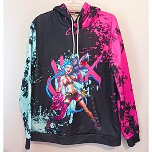 Jinx Unisex Pullover Hoodie Black/Pink/Blue‎ Fleece Graphic Print Size L